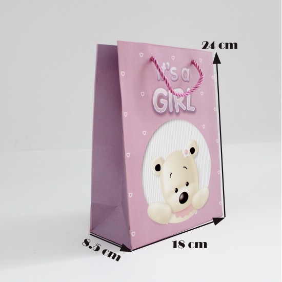 Papīra dāvanu maiss ar virves rokturiem,BABY GIRL, 8,5*17,5*24cm, 1 gab