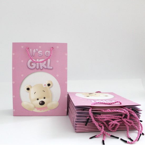 Papīra dāvanu maiss ar virves rokturiem,BABY GIRL, 8,5*17,5*24cm, 1 gab