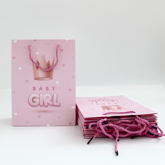 Papīra dāvanu maiss ar virves rokturiem BABY GIRL 8,5*17,5*24cm, 1 gab