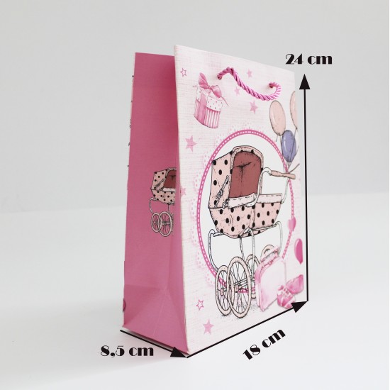 Papīra dāvanu maiss ar virves rokturiem BABY GIRL 8,5*17,5*24cm, 1 gab