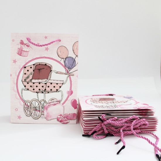 Papīra dāvanu maiss ar virves rokturiem BABY GIRL 8,5*17,5*24cm, 1 gab