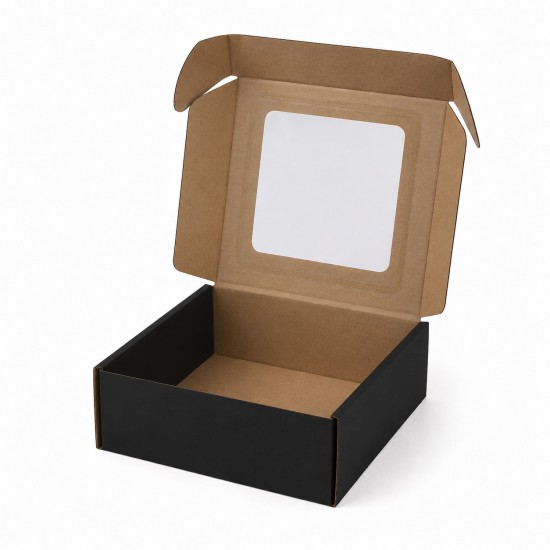 Black Cardboard Box with Window 200x200x100 mm, FEFCO 0427
