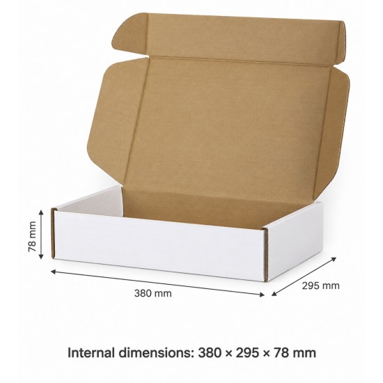 Valkoinen pahvilaatikko FEFCO 0427 – 400×300×80 mm
