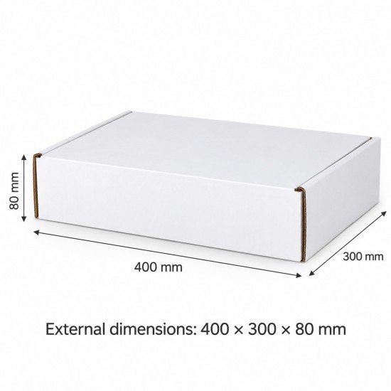 Valkoinen pahvilaatikko FEFCO 0427 – 400×300×80 mm