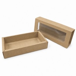 Brūna izvelkama dāvanu kastīte ar logu, 27×11,5×5 cm, 12 gab.