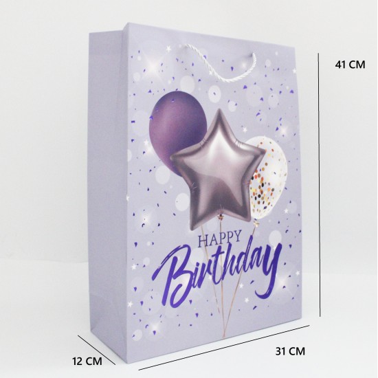 Dāvanu maisiņš ar "Happy Birthday" apdruku un virves rokturiem, 31×41×12 cm, 1 gab. Dāvanu maisiņš ar "Happy Birthday" apdruku un virves rokturiem, 31×41×12 cm, 1 gab.