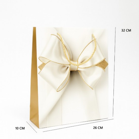 Dāvanu maisiņš ar satīna lentes apdruku un auklu rokturiem 26×32×10 cm, 1 gab.