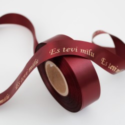 Satīna lente “ES TEVI MĪLU” zelta hroma apdruka, 20 mm × 10 m