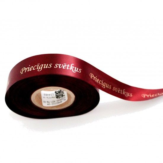 Satīna lente “Priecīgus svētkus” zelta hroma apdruka, 20 mm × 10 m