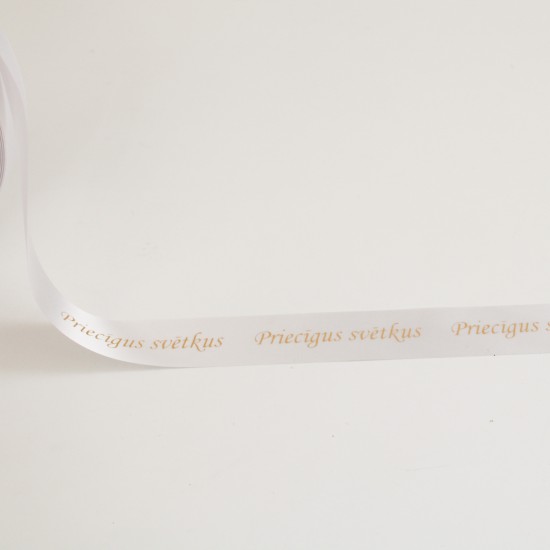 Сатиновая лента «Priecīgus svētkus» золото-хром, 25 мм × 10 м