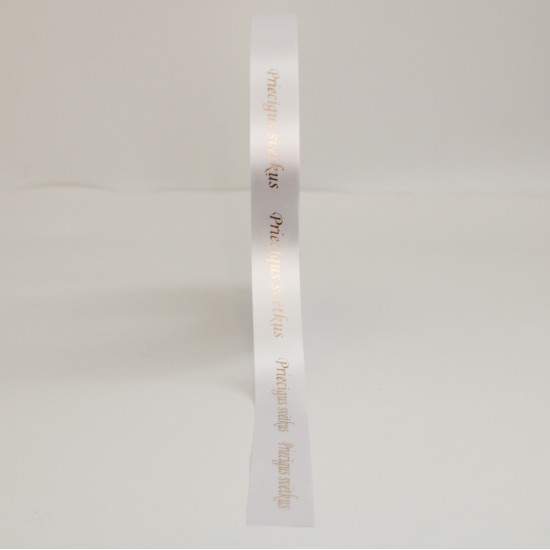 Сатиновая лента «Priecīgus svētkus» золото-хром, 25 мм × 10 м