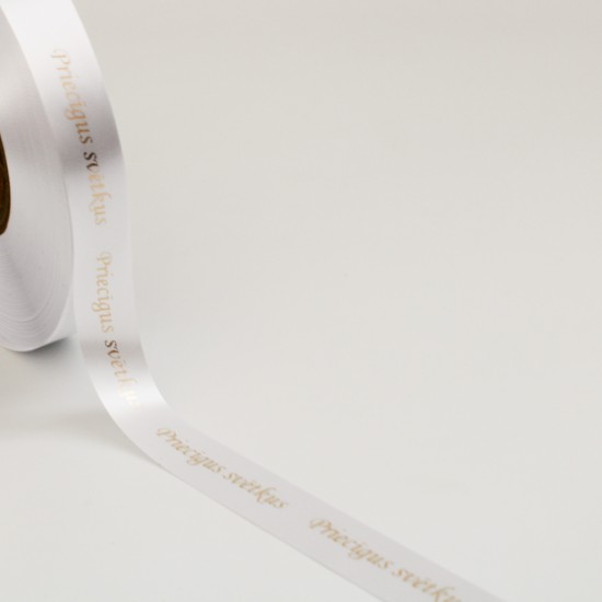 Сатиновая лента «Priecīgus svētkus» золото-хром, 20 мм × 10 м